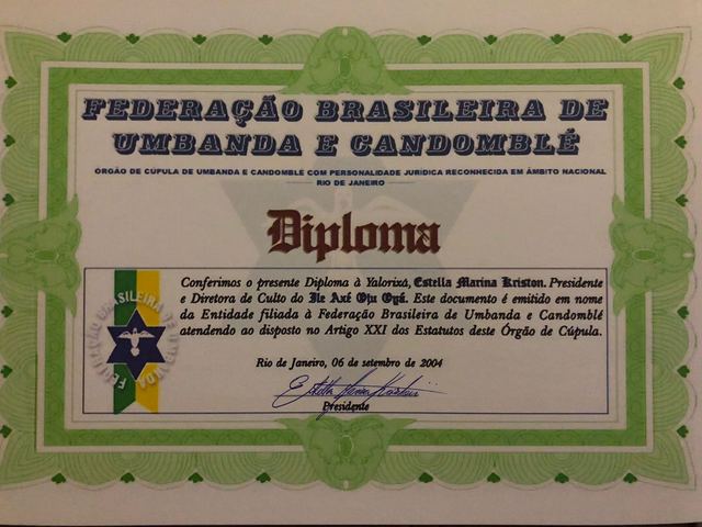 Diploma de Yalorixá emitido pela Federação Brasileira de Umbanda e Candomblé (FBUC)